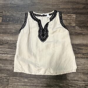 Sherry Taylor Sleeveless Embroidered Top Blouse V Neck Tan Black M Tie Boho